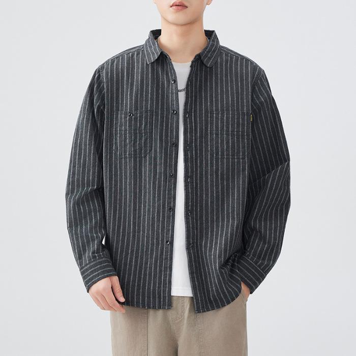 

Японская Ретро Осенняя Одежда Новая Мужская Повседневная Хлопковая Рубашка с Длинным Рукавом в Полоску Американская Рабочая Одежда Шлифовка 3XL