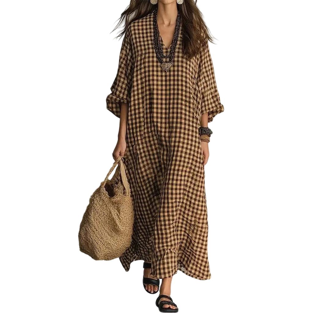 Women's Retro Plaid Loose Fit Cotton Linen Casual Dress