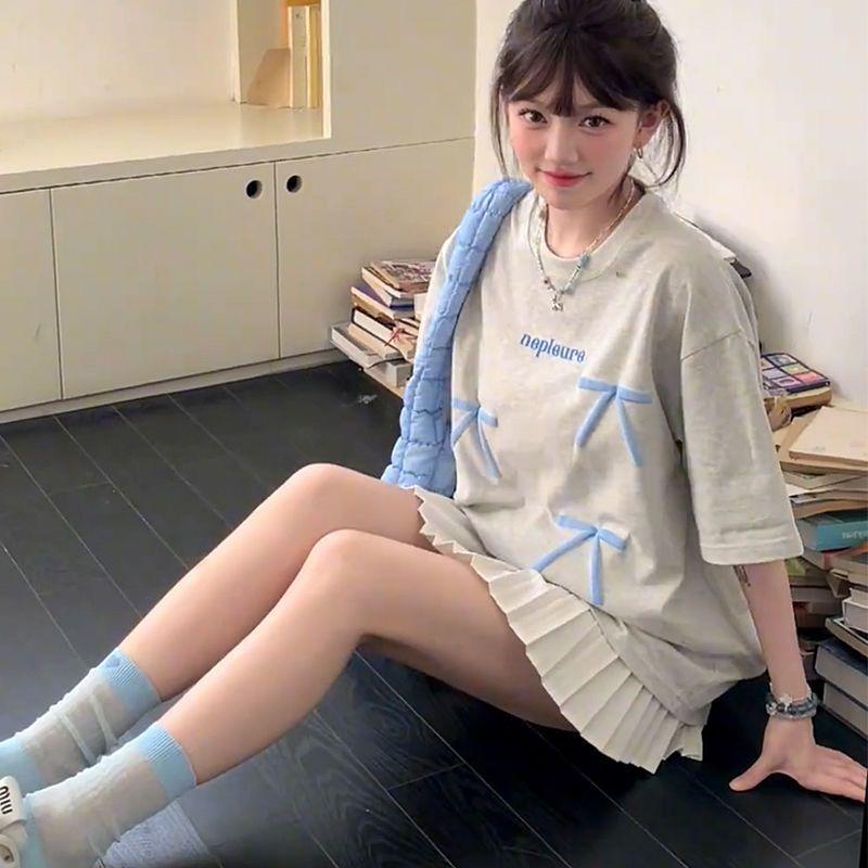 Aesthetic Vintage Short Sleeve T-shirt Women Summer Bow Elegant Loose Oversize Fashion Tops Female Grey Fashion Design Casual Pullover