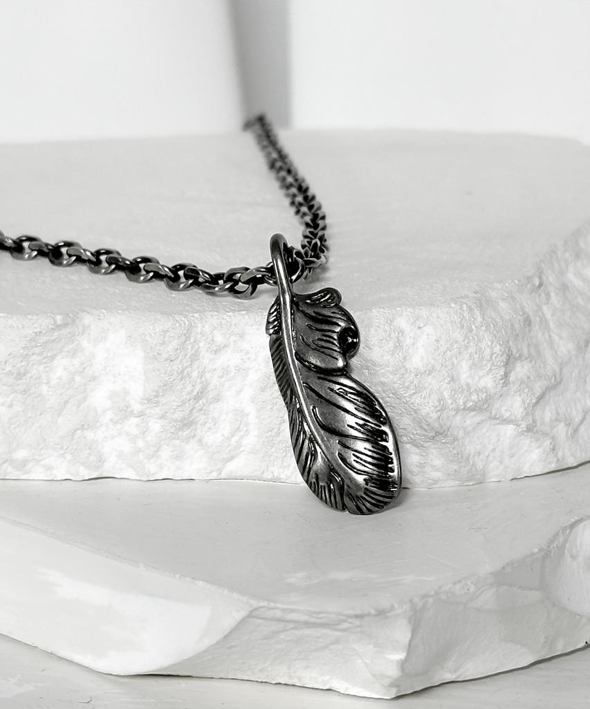 Blessed Bullet Ss-Black Line Feather Chain Necklace_Dark Silver/Black Silver