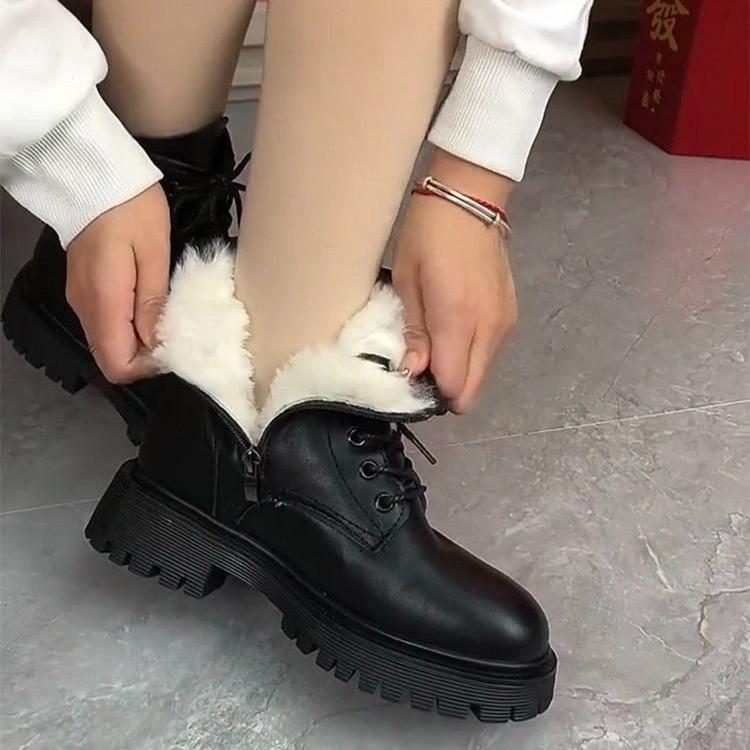 Women's Large Size Leather Soft Sole Increased Height Winter Warm Fur Snow Boots Padded Lined Ankle Boots Non-Slip Hiking Casual Sports Martin Boots