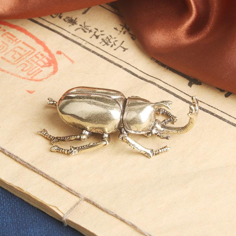 Vintage Brass Japanese Rhinoceros Beetle Insect Statue Crafts Tea Ornaments Old Bronze