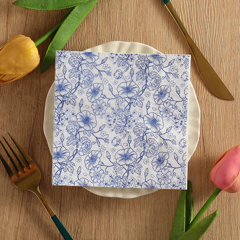 20Pcs Chinese Blue Flower Printed Paper Napkins, Disposable 2 Layer Paper Napkins for Party Hotel Dinner Table DIY Decor