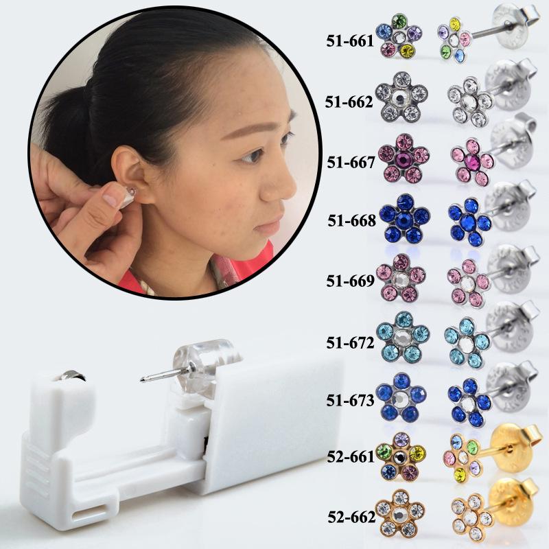 Strumento monouso per piercing all'orecchio in acciaio inossidabile Orecchini Fiore Farfalla Base Sfera con Pietra di Zircone Pistola per Orecchie monouso