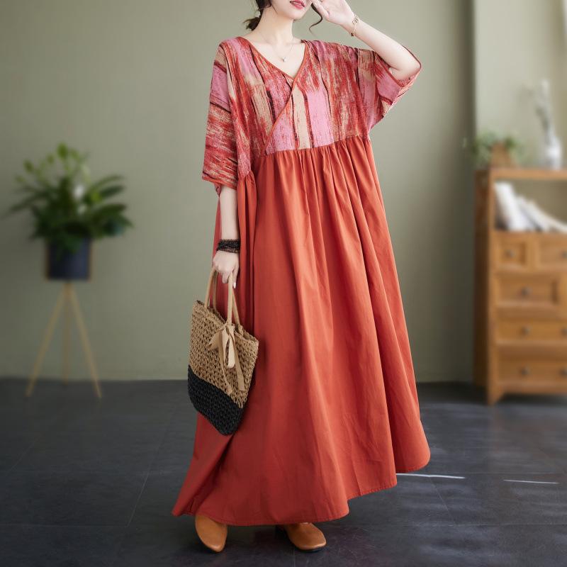 

2025 Retro Style Cotton Linen V-Neck Patchwork Dress for Middle-aged and Elderly Women, Plus Size Summer Long Dress One Size