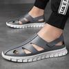 FashionGenuine Leather Men Black/Gray Sandals Dress Shoes Summer Beach Shoes Business Breathable Hollow Out Soft Thick Soles Sandals