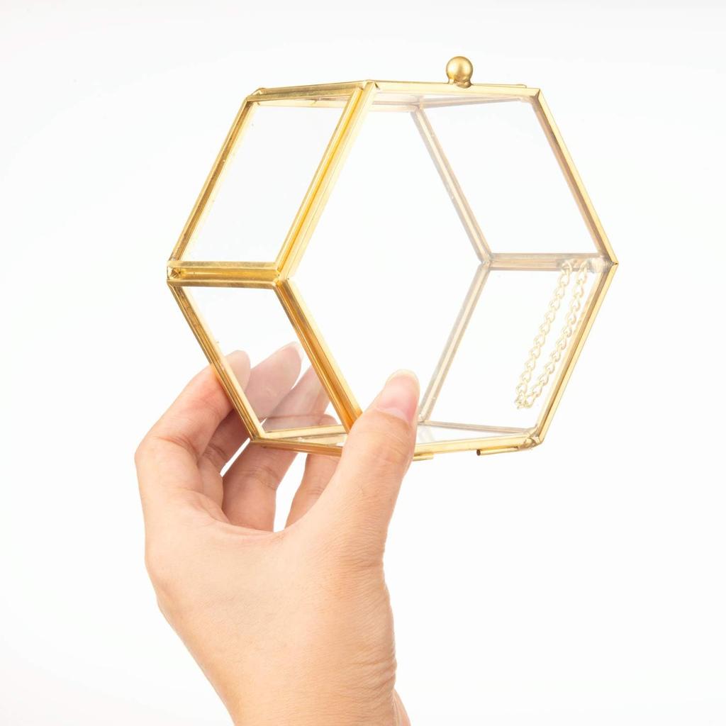 Feyarl 12 cm sexkantig glas smyckeskrin med ringkudde, guld