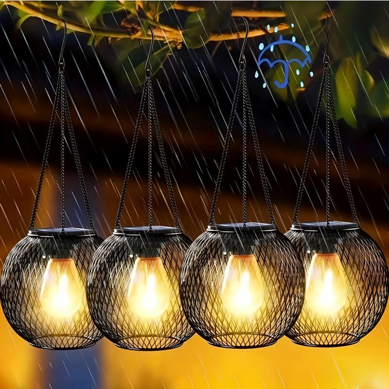 Solar Wrought Iron Tennis Lantern Mesh Pendant for Outdoor Garden Decoration