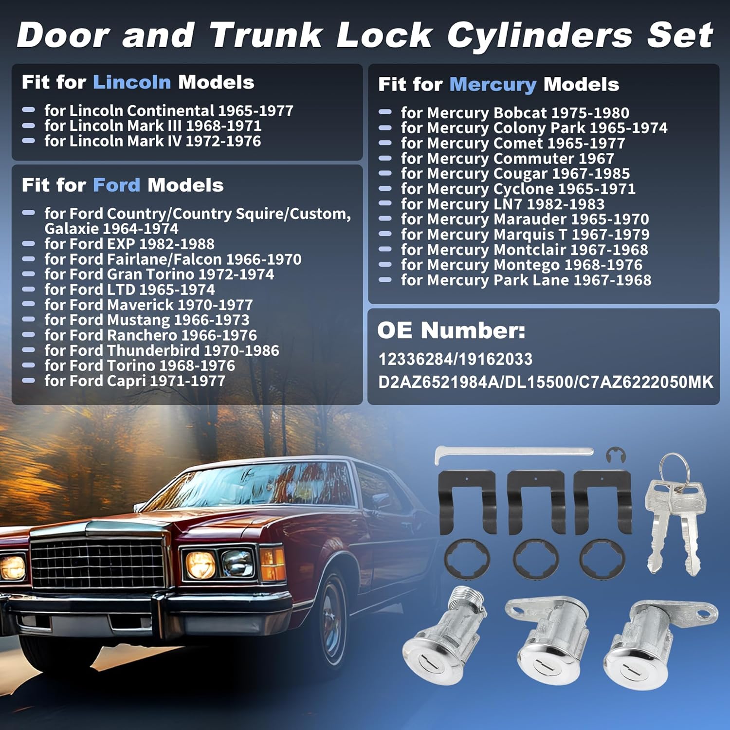 

Left Right Side Door Lock Cylinder and Trunk Lock Cylinder with Key Set Replacement for Ford Maverick 1970-1977 for Mustang 1966-1973, for Lincoln