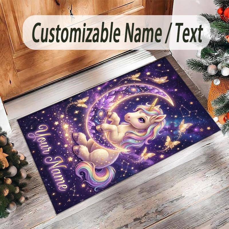 Alfombra de Suelo de Terciopelo de Cristal con Temática de Unicornio, Alfombra Cálida Personalizada con Nombre y Texto, Decoración del Hogar