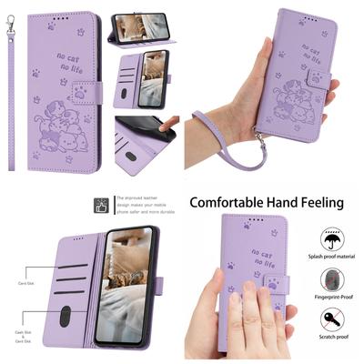 Violetinis žaismingas katės tematikos odinis piniginės stovas telefono dėklas, skirtas iPhone Samsung Huawei Honor Xiaomi Redmi Oppo Infinix Tecno Google...