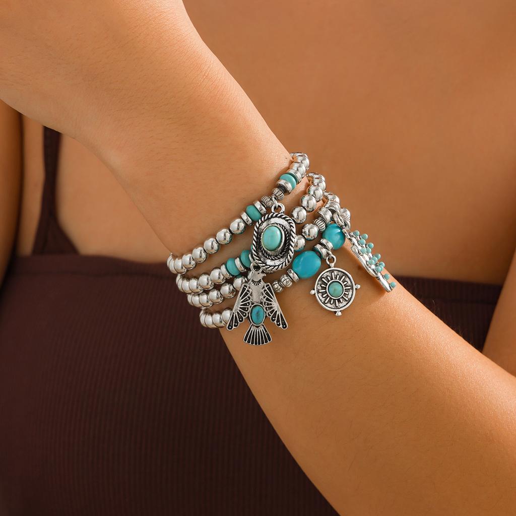 Retro Ethnic Style Bull Head Pendant Bracelet Set, Bohemian Flower Plate Turquoise Beaded Jewelry.