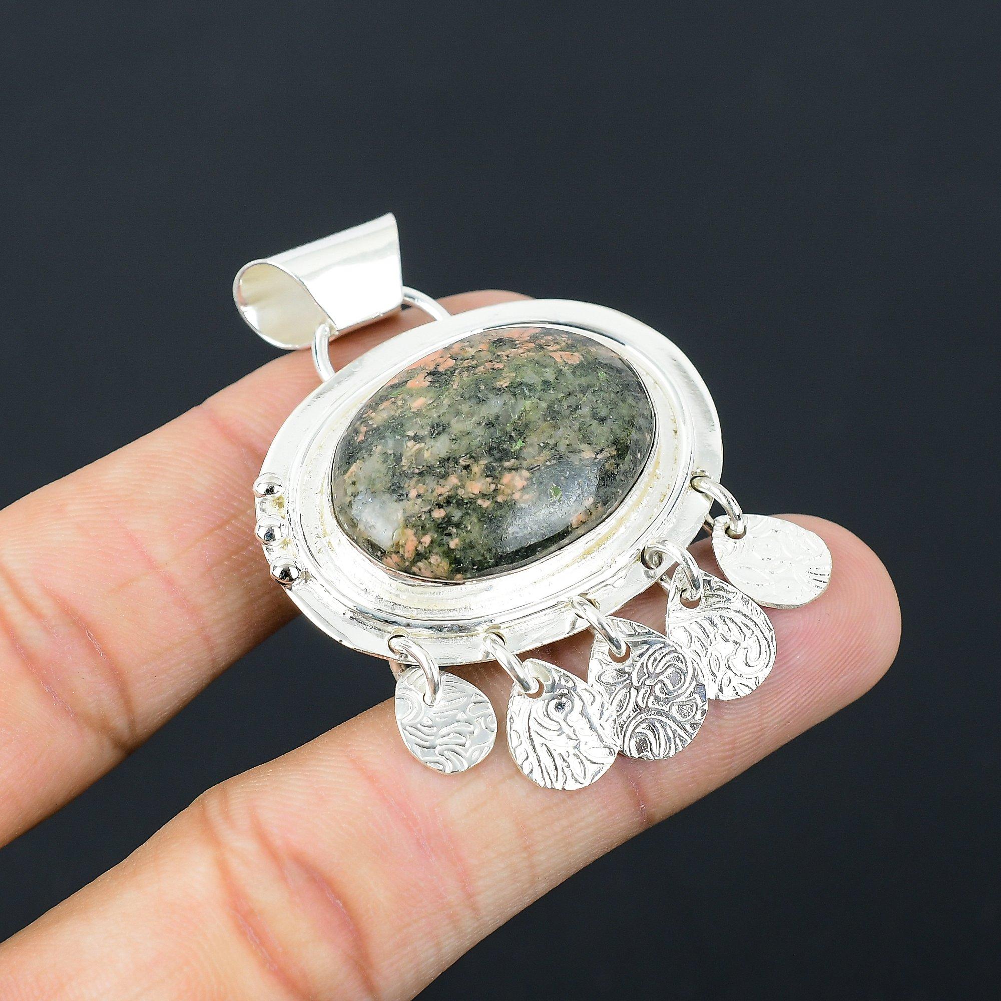 Daughters Day Deal 925 Sterling Silver Unakite Stone Heart Chakra Unique Pendant