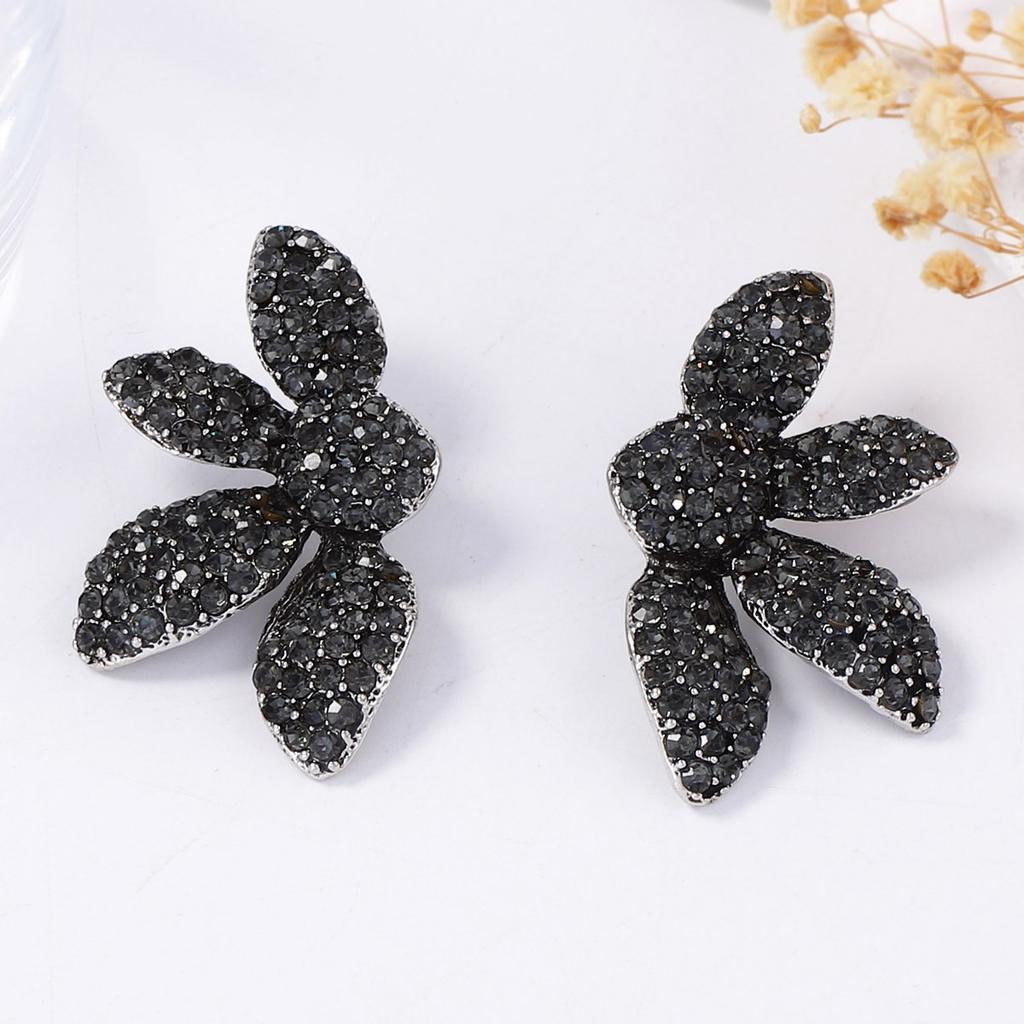 Übertriebene Strass-Blatt-Steckohrringe für Damen, Vintage Gothic Schwarzer Zirkon Kristall Blume Ohrringe, Party Schmuck Geschenke