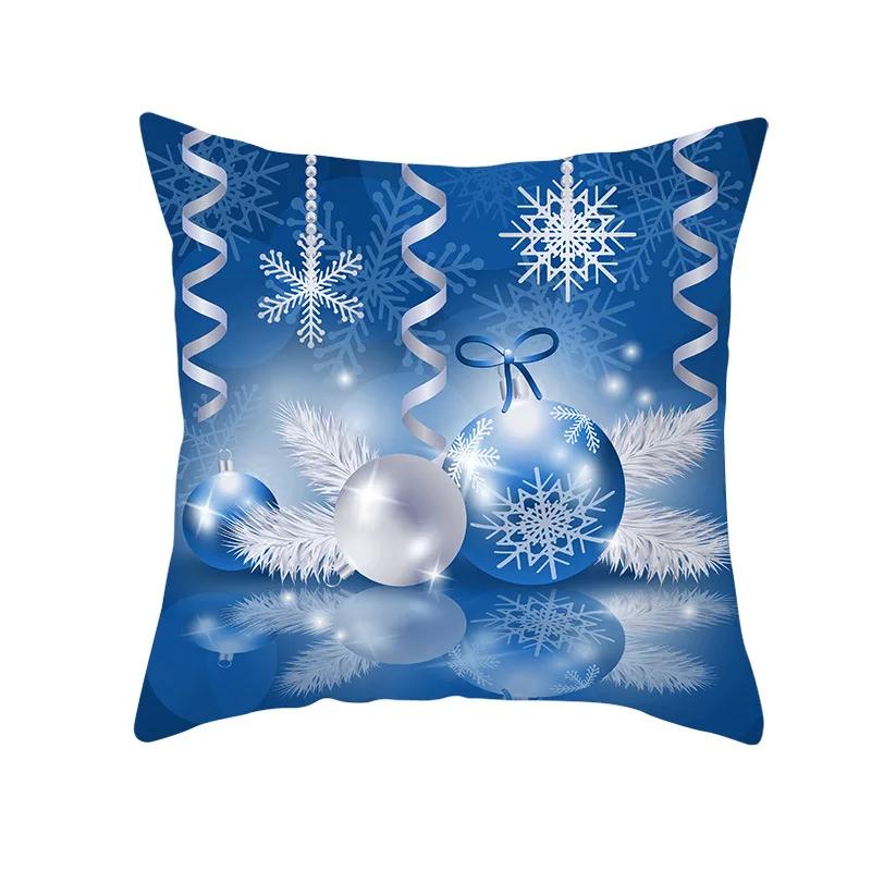 2022 Happy New Year Home Party Decor Cushion Cover Christmas Blue Snowflake Cartoon Printed Pillow Cover Xmas Pillowcase 45x45cm