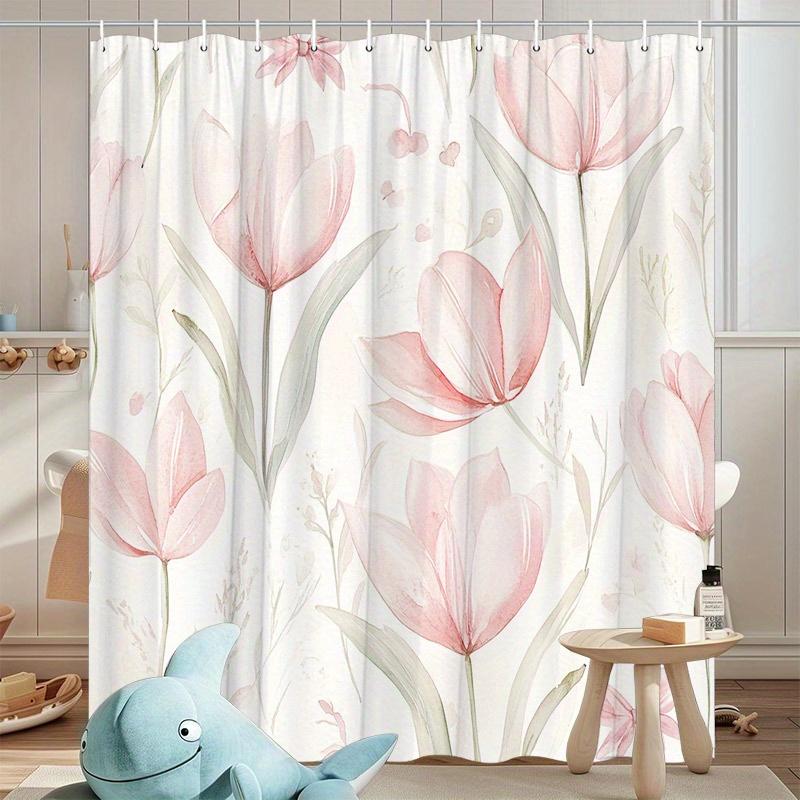 1Pc Pink Tulip Patterned Shower Curtain, Polyester Fabric, Machine Washable, With Hooks, Suitable For Bathroom Dcor.