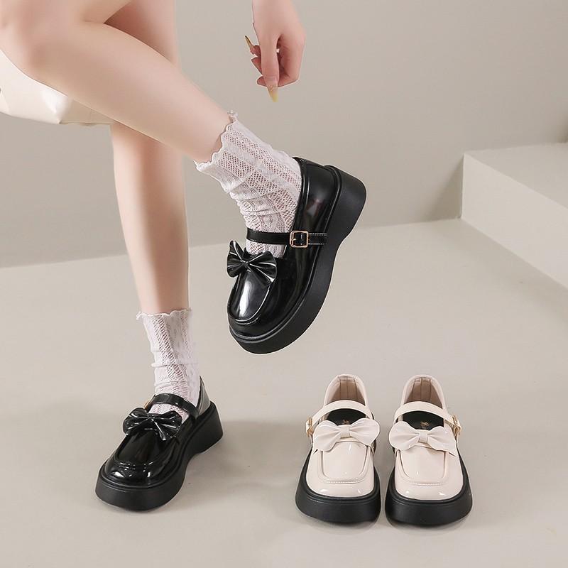 Fashion Women's Shoes Buckle  Jane Shoes Round Toe Solid Loafers Pumps Fashion JK Uniform Shoes Butterfly Knot Platform Leather Shoe