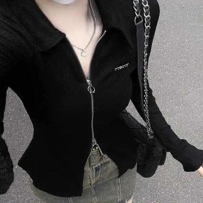 Magliette da donna Tunica con temperamento Colletto con risvolto T-shirt a maniche lunghe con cerniera alla moda T-shirt Y2k casual nera