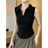 Women's Sleeveless Polo Collar V-Neck Tank Top Slim Fit Curved Hem Casual Summer Top Black Knit Vest