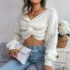 Women's Long-Sleeved Knitted Sweater with Knot Detail and Cropped Hem