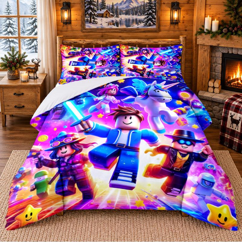 Roblox Pattern Bedding 3Pcs Set Bed Sheet And Pillowcases For Indoor Bedroom