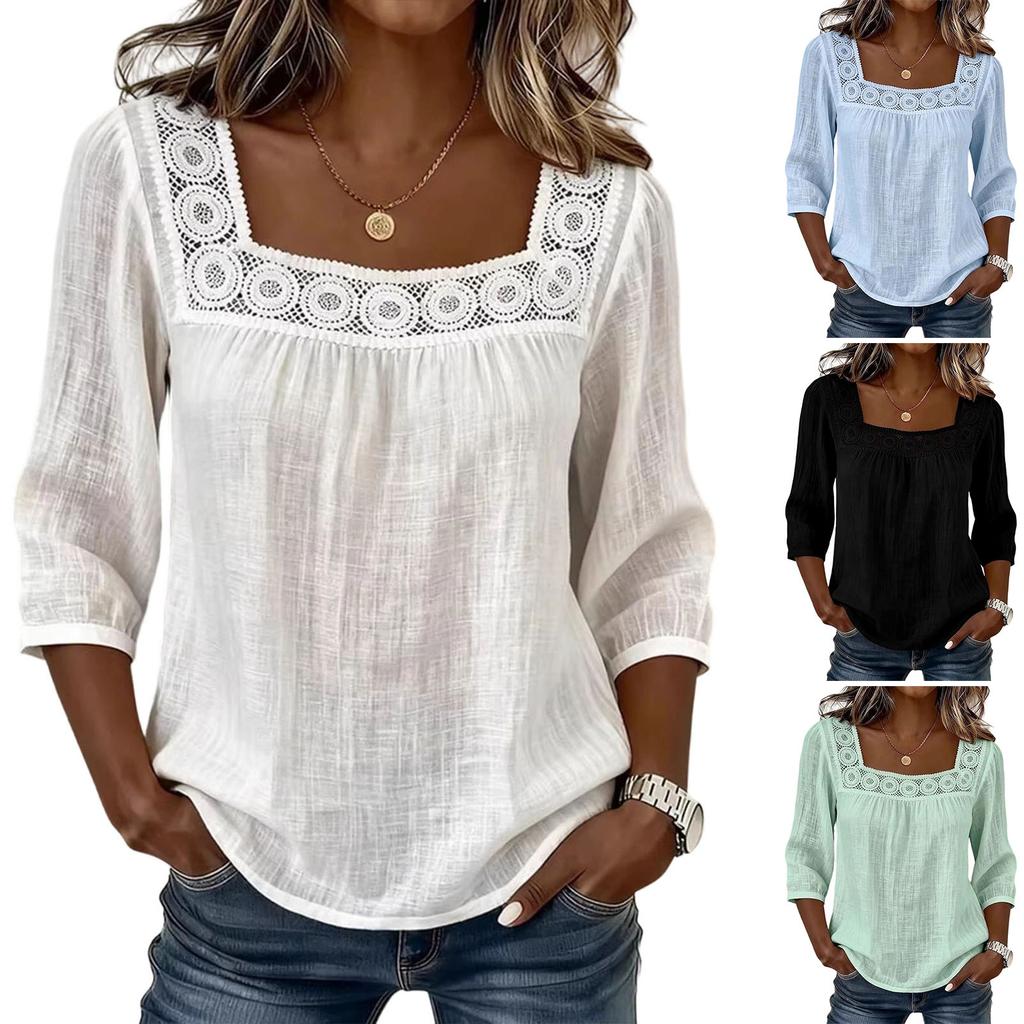 Verão Feminino - Cor Casual Gola Quadrada Renda Bordada Cropped Algodão Linho Manga Curta Top Para Mulheres