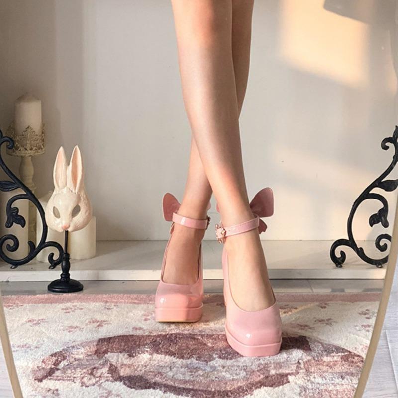 Hochwertige Damen Plateau Mary Jane Schuhe Schnallenriemen Rosa Schleife Lolita Damen High Heels mit Absatz Damen Süße Cosplay Pumps