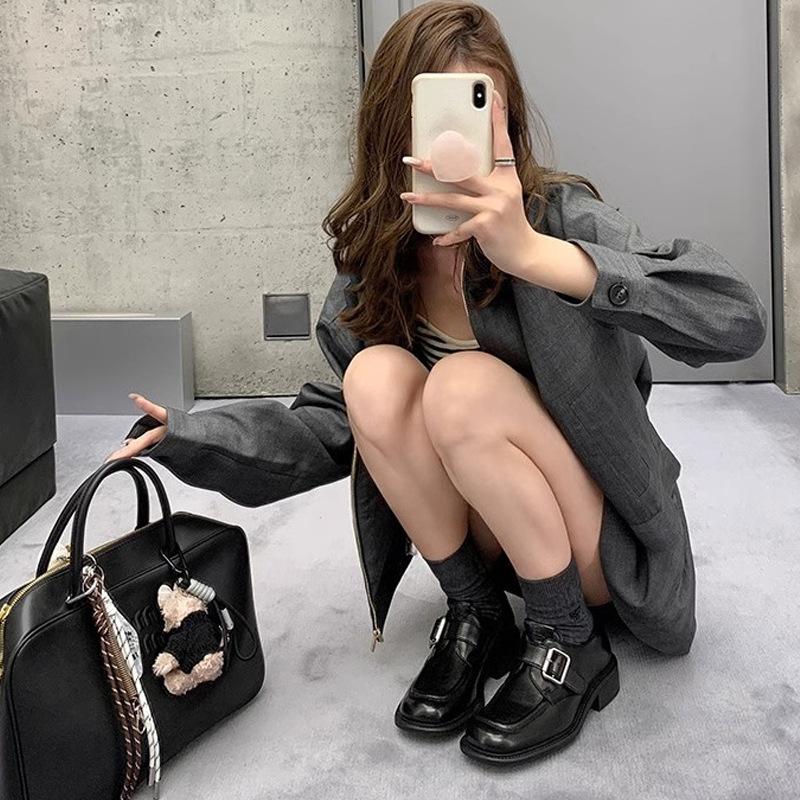 The Same Style, Square Head Buckle with Thick Heel, Lazy Leather Single Shoes, British One-pedal Thick-soled Heightening Loafers.