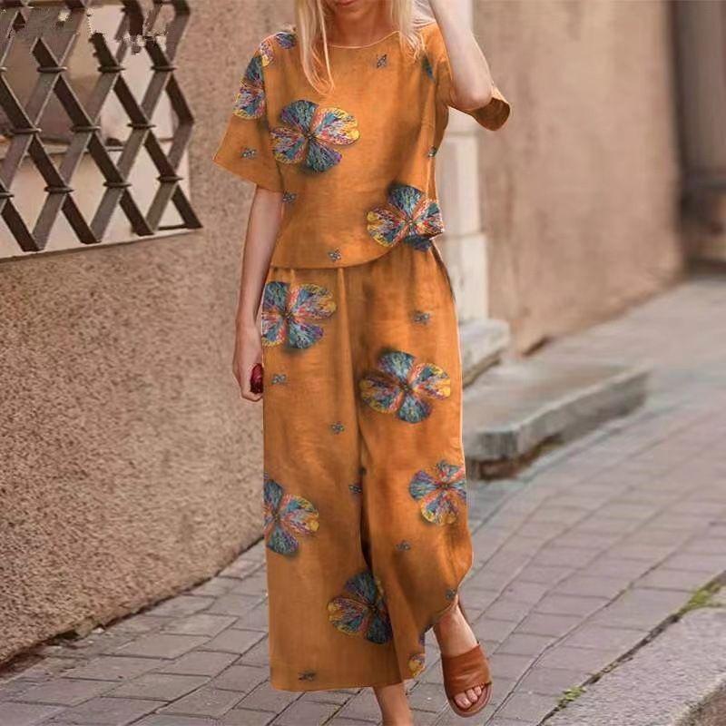 Summer Short-sleeved Cotton and Linen Two-piece Women's Casual Printed Trousers Suit