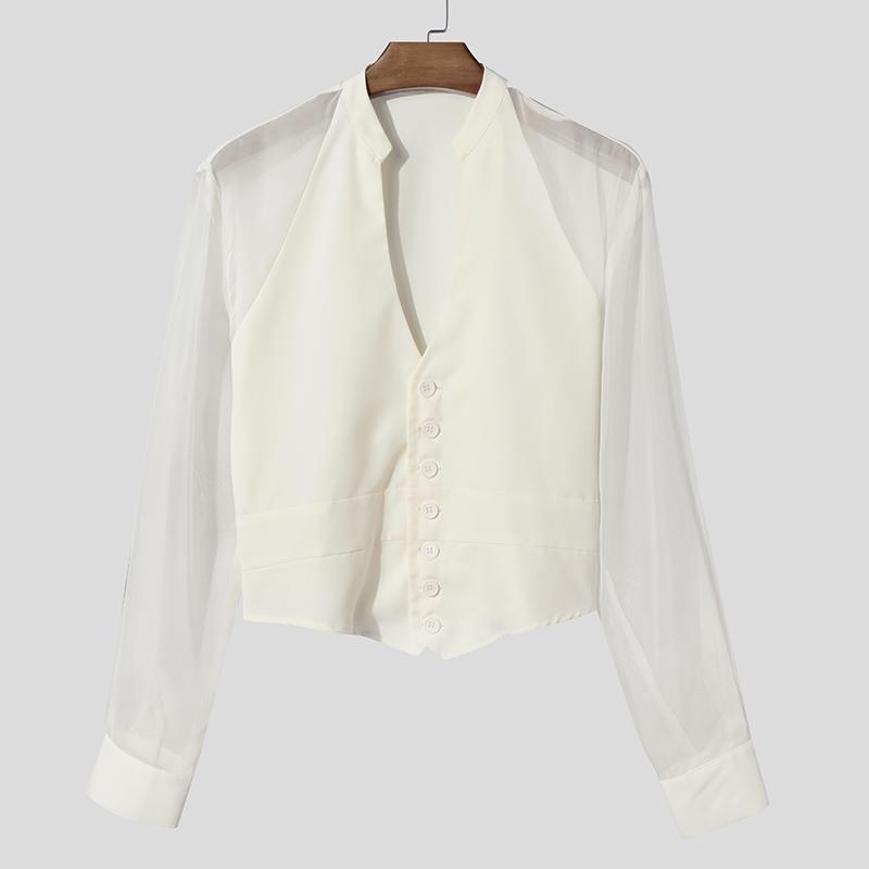 INCERUN Men Deep V Neck Long Sleeve Patchwork Mesh Sheer Buttons Slim Waist Party T-shirts