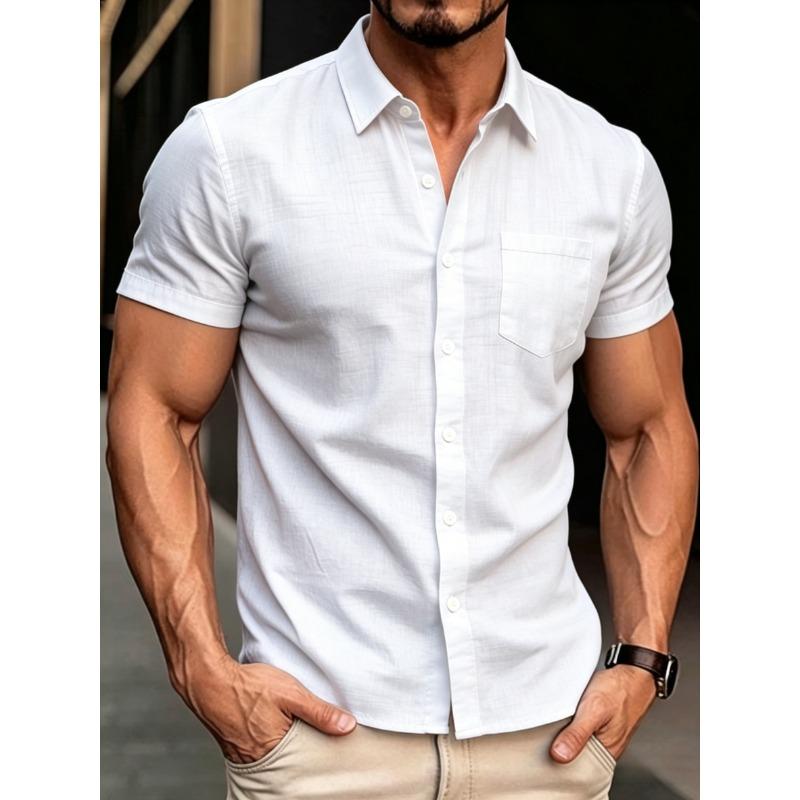 Men Slim Fit White Linen Short Sleeve Shirt Point Collar Chest Pocket Full Button Down Lightweight Textured Breathable Summer Business Casual Top