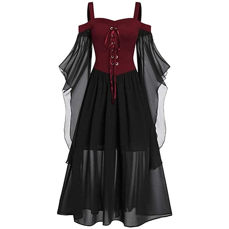 Abito Medievale Gotico Vintage da Donna con Spalle Scoperte e Allacciatura Costumi Cosplay di Halloween Festa di Carnevale Spalline a Bretella