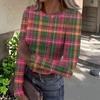 Women's Casual Neck Plaid Print Long Sleeve Ribbed Knit Top for Everyday Wear