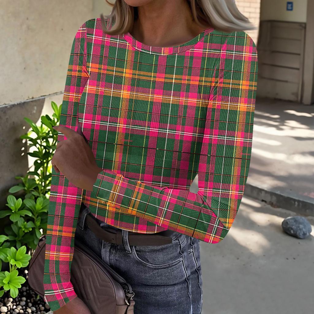 Women's Casual Neck Plaid Print Long Sleeve Ribbed Knit Top for Everyday Wear