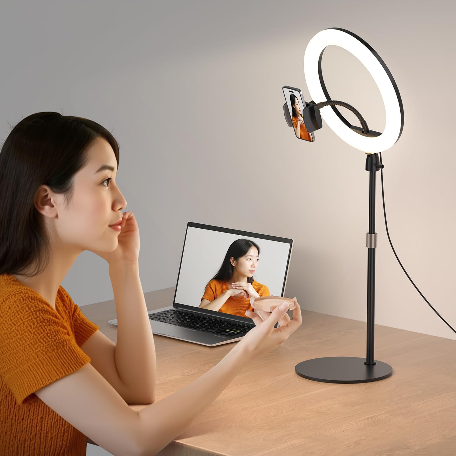 

Светодиодное кольцо Aureday для съемки и 12 смартфонов для онлайн веб-конференций, 10 уровней, 3 цвета, питание от USB, подставка для смартфона, металлическая, устойчивая