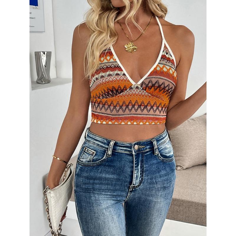 Fashionable Geometric Striped Neck Slim Sling Vest for Women Camis
