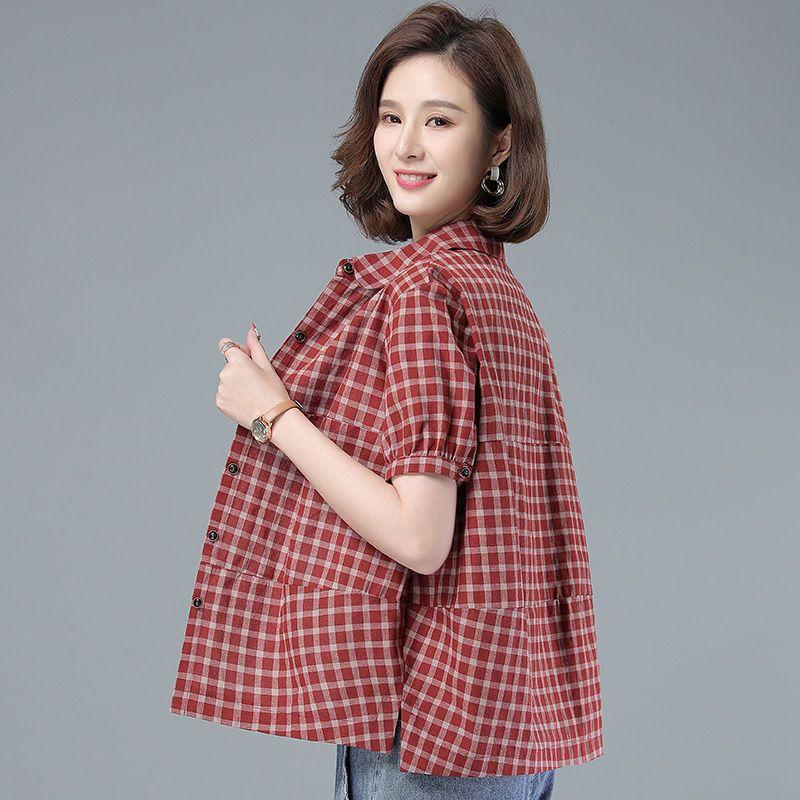 WTEMPO Damen Kurzarmhemd Übergroßes Karomusterhemd Herbst Winter Mode Locker sitzende Bluse Koreanischer Stil