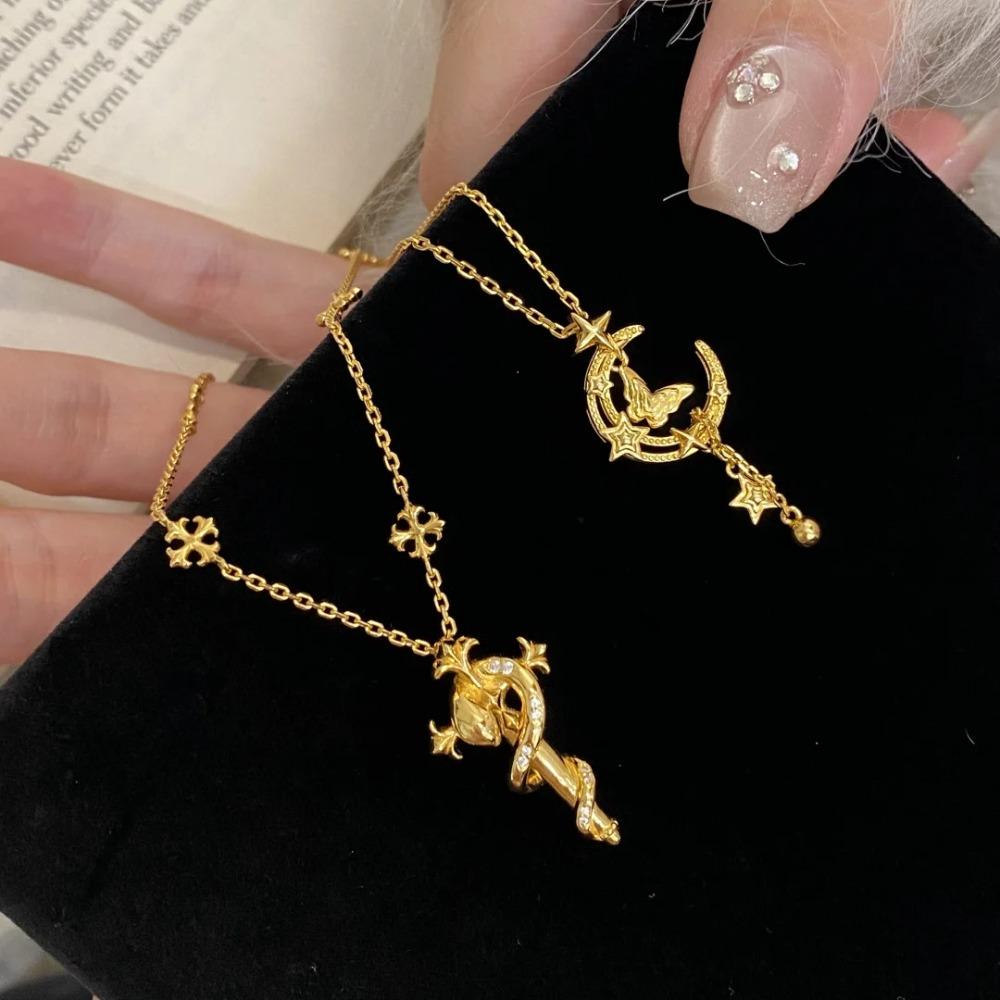 Vintage Iris Wand Snake Necklace Elegant Minimalist Fairy Butterfly Moon Necklace for Women