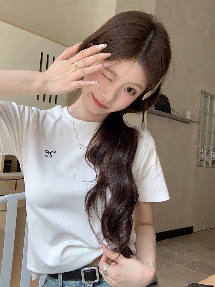 Women's 2025 Korean Style Bowknot Embroidered Slim Fit T-Shirt, Short Sleeve, Round Neck