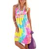 Women Summer Sleeveless U Collar Holiday Beach Solid Color One Piece Dress