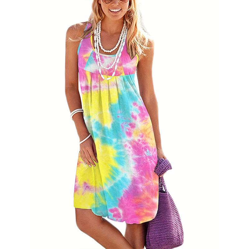 Women Summer Sleeveless U Collar Holiday Beach Solid Color One Piece Dress
