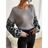 Women's Autumn Winter V-Neck Knitwear Loose Casual Top with Leopard Print Splicing Versatile Fashionable Sweater