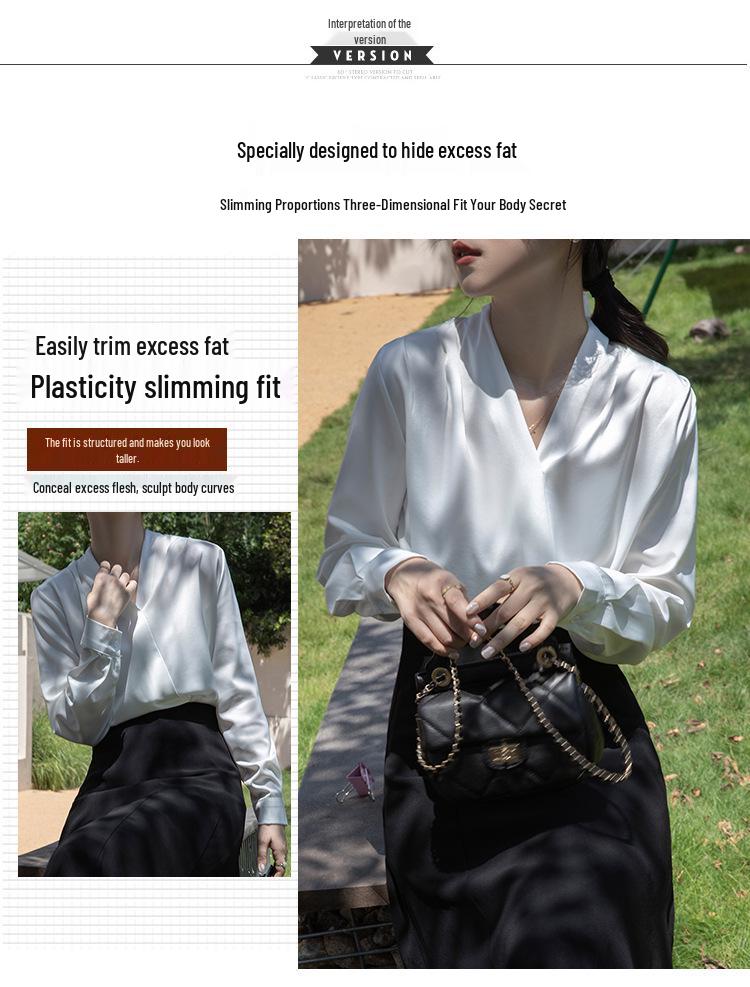 Women's Elegant Satin V-Neck Shirt: High-End Feel, Professional & Formal Wear for Spring/Autumn Commutes.