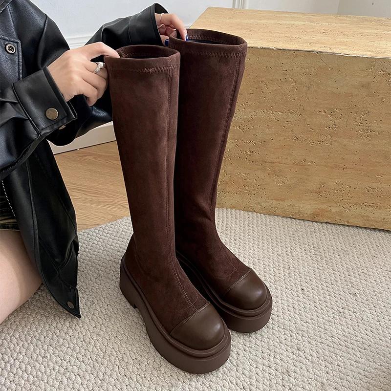 

Винтажные эластичные женские сапоги до колена, модные длинные сапоги-ботильоны на платформе и каблуках, обувь Largas De Mujer 35