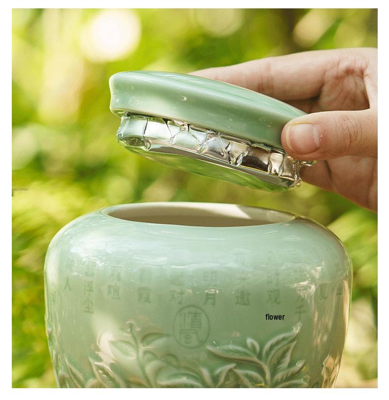 Chinese Embossed Celadon Tea Canister for Longjing, Maojian, Biluochun, Gyokuro, Zhuyeqing - Empty Tea Packaging Box