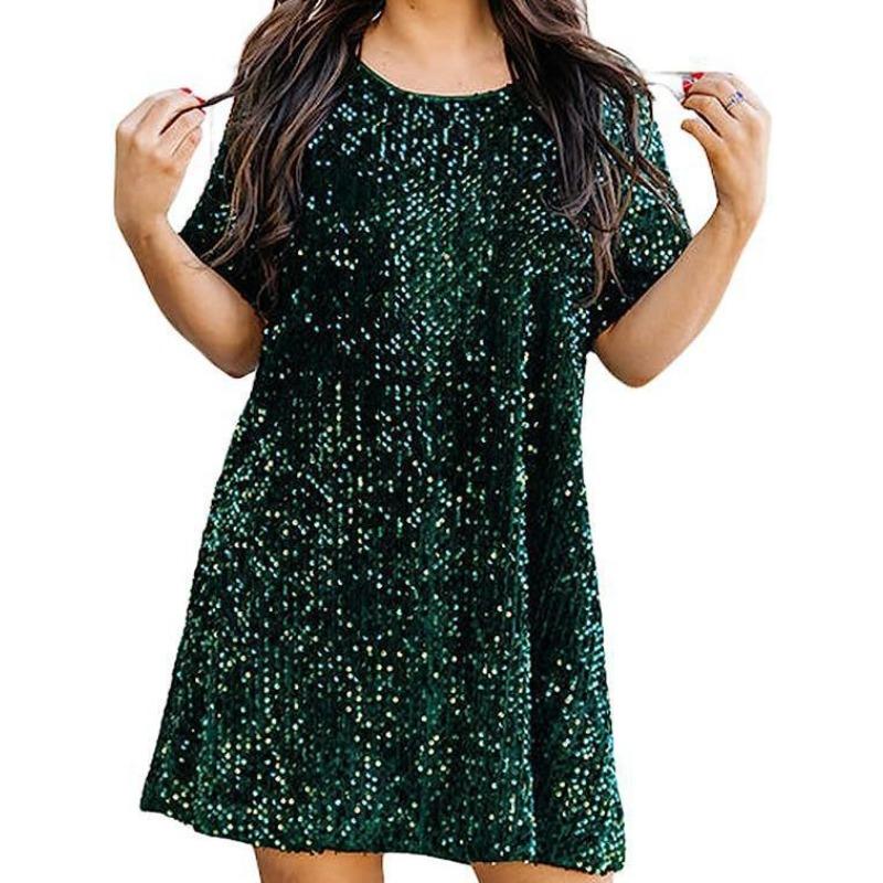 Jarní a letní dámské šaty se sekviny, šaty s polovičním rukávem, kulatým výstřihem, plisované, volné šaty