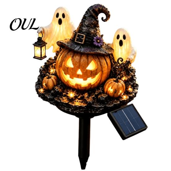 Halloween Porch Lighting Solar Pumpkin Garden Stake Light, Waterproof LED Yard Decoration with Automatic Dusk To Dawn Light Wizard Hat And Ghost,