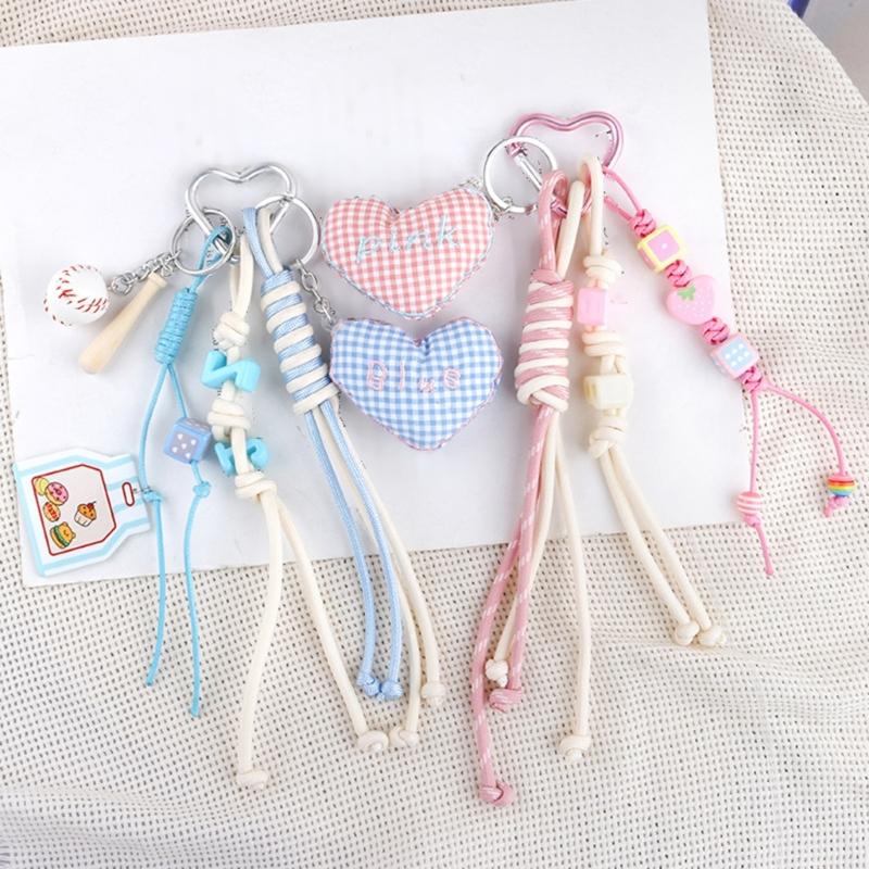Cute Bag Charm Pendant Keyring Heart Beaded Braided Rope Keychain Bag Charm for Backpack Purse Handbag Decorations