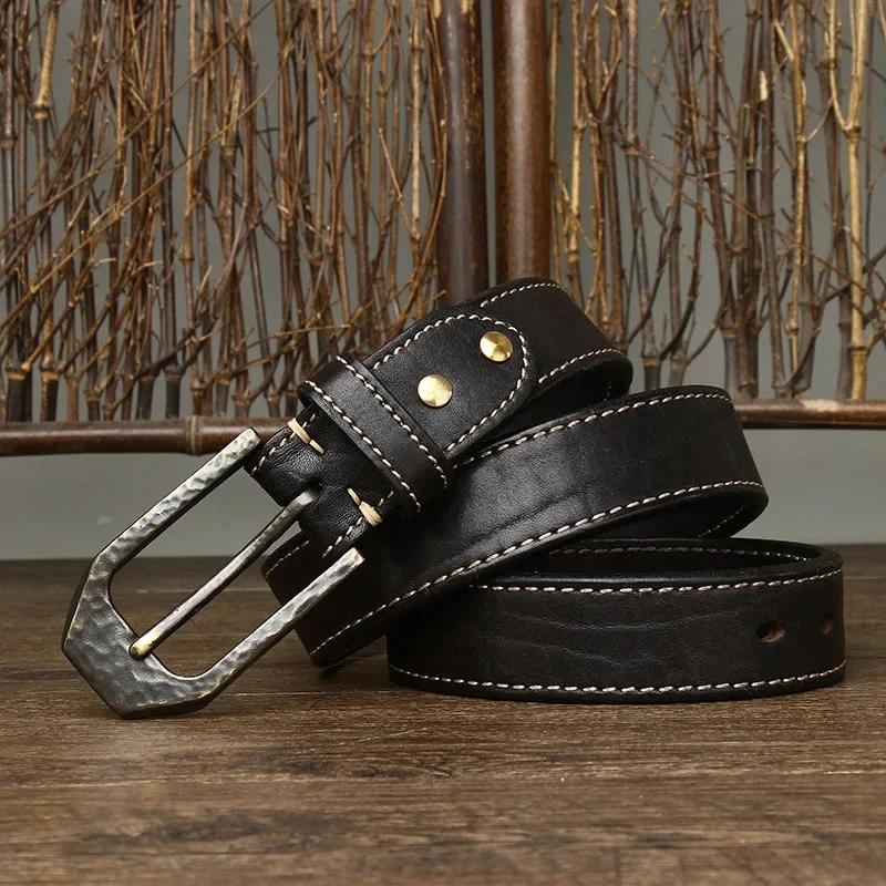 3.8CM Thick Cowhide Copper Buckle Genuine Leather Casual Jeans Belt Men High Quality Retro Luxury Male Strap Waistband Designer