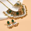 Woman Green Crystal Stone Jewelry Sets Simulated Pearl Beads Necklace Vintage Earrings